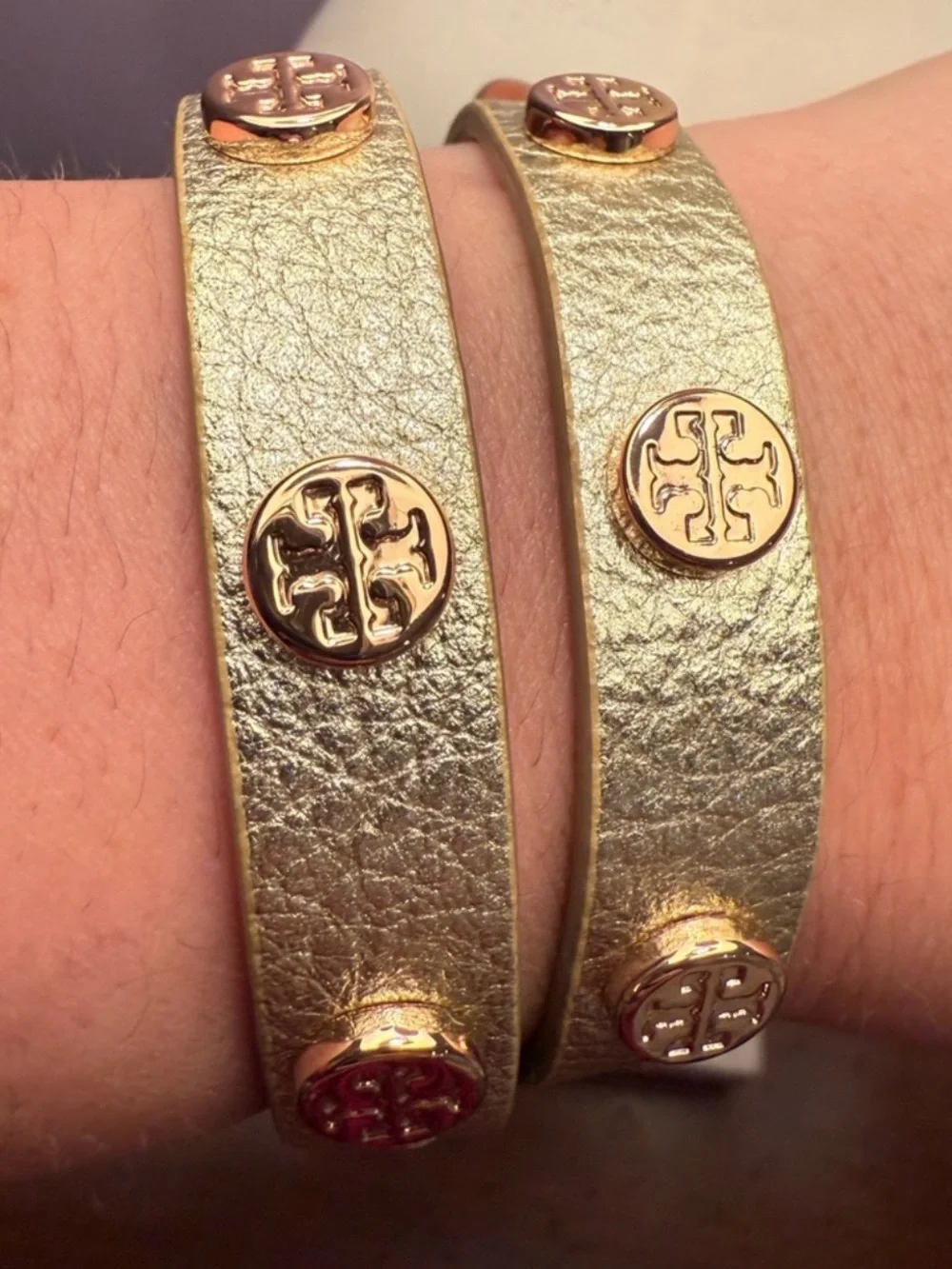 Tory Burch Gold Double-Wrap Leather Bracelet with Logo Studs